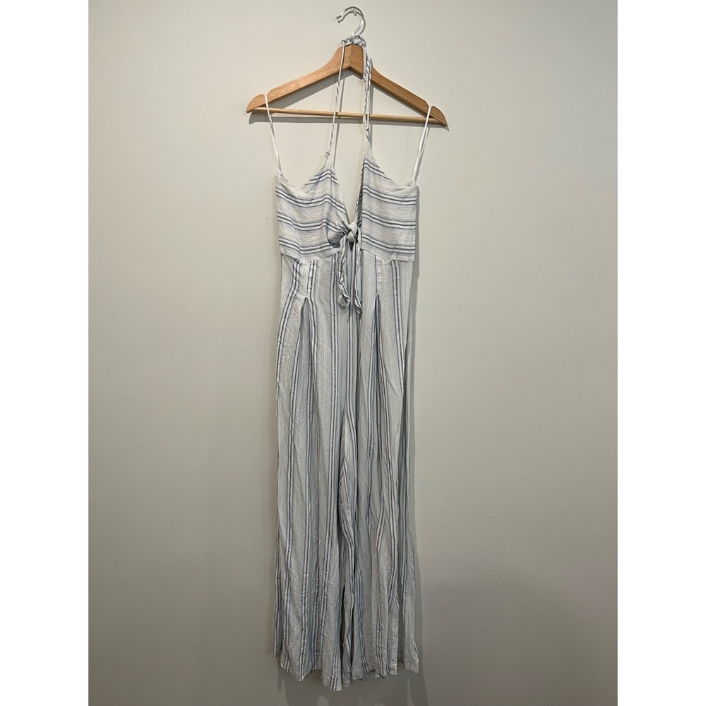 H&M White and Blue Striped Sleeveless Tie-Waist Jumpsuit